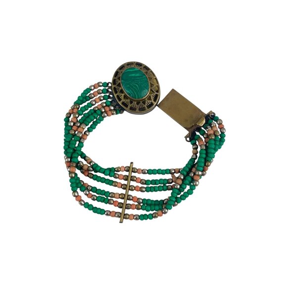 Vintage Multi-Strand Beaded Bracelet With Green Cabochon & Brass Accents Ethnic - Picture 8 of 9